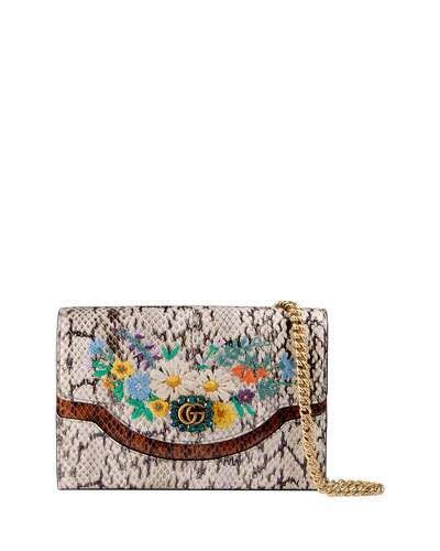 Gucci Ricamo Fiori Floral Snakeskin Wallet on a Chain 